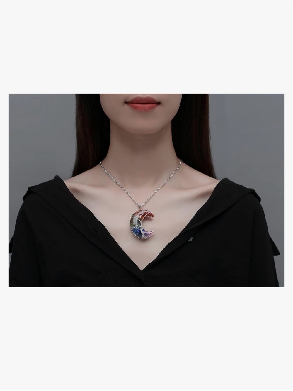 Multicolor Crescent Moon Tree of Life Pendant Necklace - Picture 3 of 5